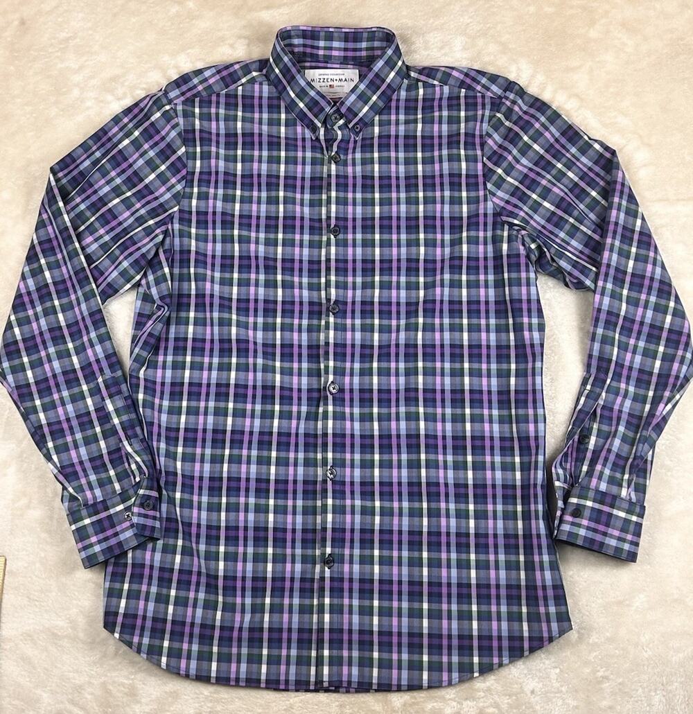 Mizzen Main Leeward Shirt Mens XL Trim Fit Purple Blue Check Lightweight Stretch